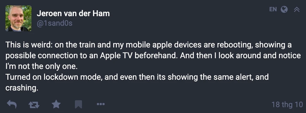 Jeroen van der Ham chia sẻ về sự cố khiến iPhone bỗng nhiên khởi động lại liên tục. Ảnh chụp màn hình