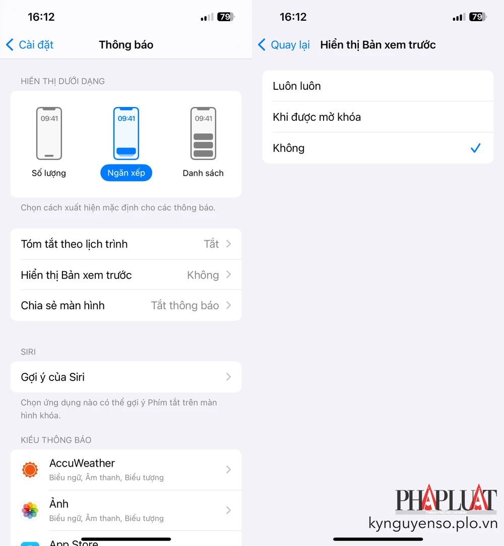 Tắt tính năng hiển thị trước nội dung tin nhắn sẽ giúp hạn chế người khác nhìn lén trên iPhone. Ảnh: MINH HOÀNG