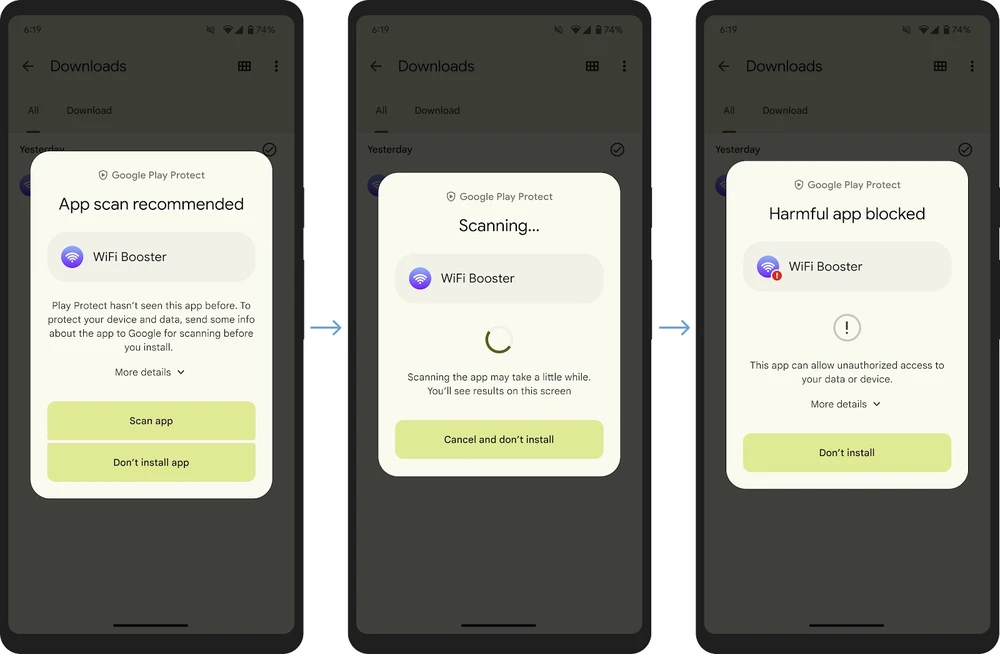 Quá trình quét ứng dụng theo thời gian thực của Google Play Protect để kiểm tra xem ứng dụng có độc hại hay không. Ảnh: Google