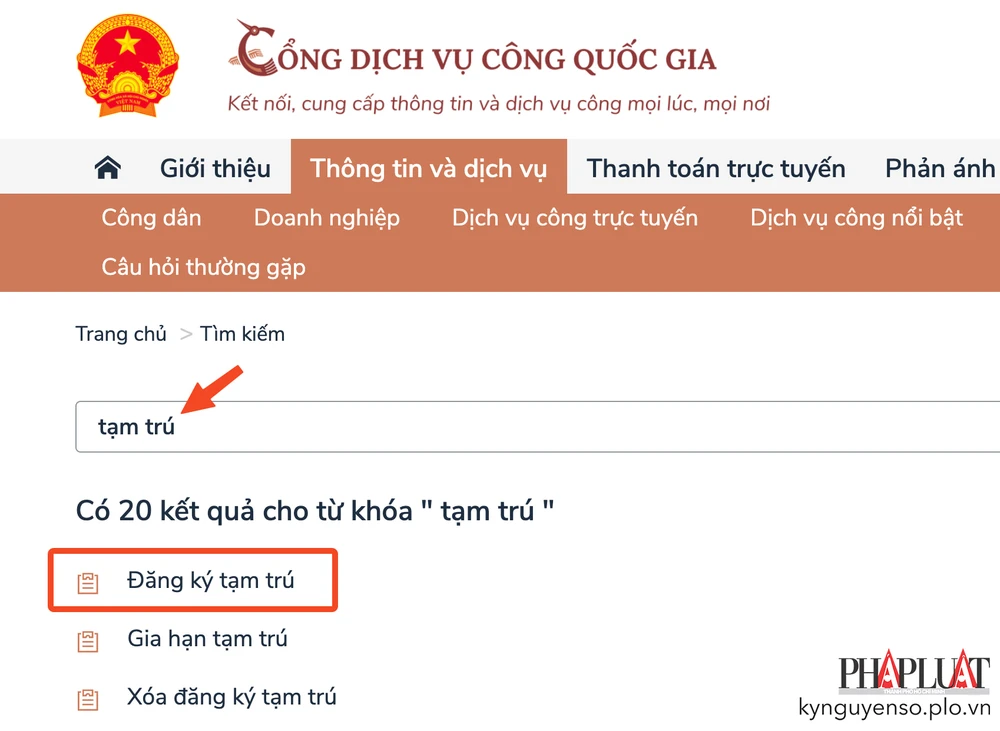 Chọn dịch vụ Đăng ký tạm trú online. Ảnh: MINH HOÀNG