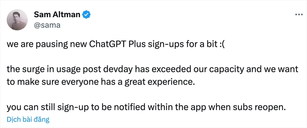Sam Altman cho biết công ty đang tạm ngừng việc đăng ký ChatGPT Plus. Ảnh chụp màn hình