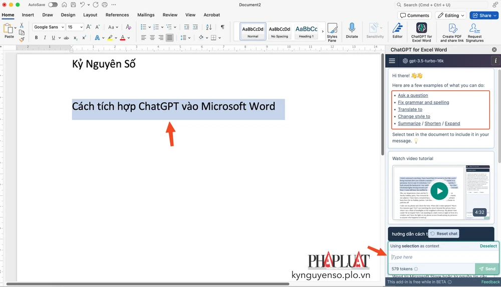 Cách sử dụng ChatGPT trong Microsoft Word. Ảnh: MINH HOÀNG