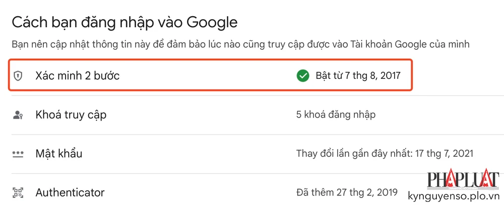 Bật tính năng xác minh 2 bước để bảo vệ tài khoản Gmail. Ảnh: MINH HOÀNG