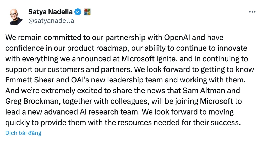 Nadella cam kết hợp tác với OpenAI và đội ngũ lãnh đạo mới. Ảnh chụp màn hình