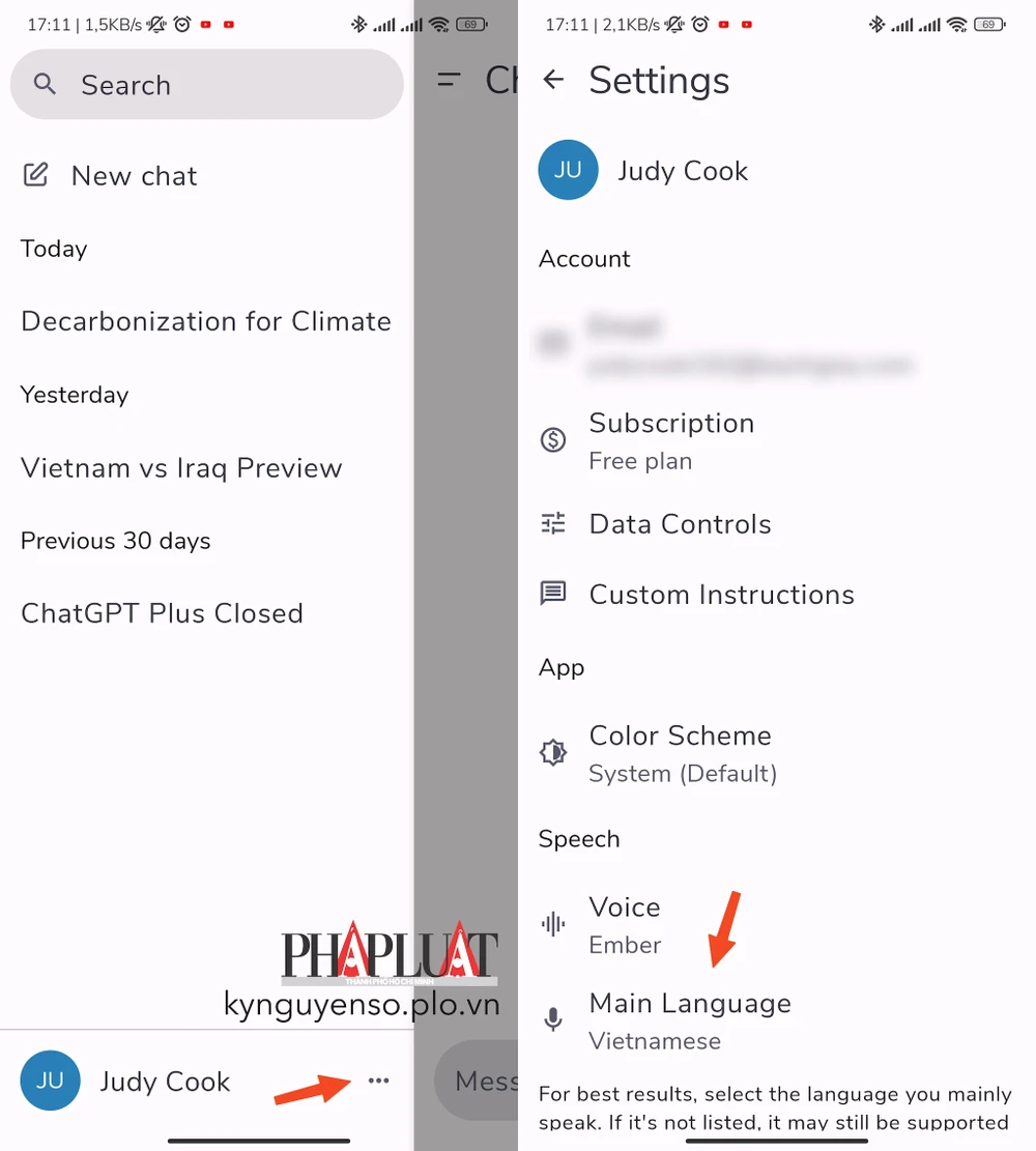 Thay đổi ngôn ngữ và giọng nói trên ChatGPT. Ảnh: MINH HOÀNG