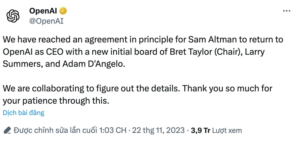 Sam Altman sẽ quay lại làm CEO của OpenAI. Ảnh chụp màn hình