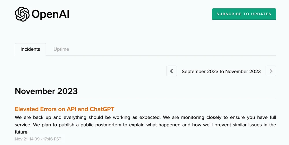 Chia sẻ trên website chính thức, OpenAI cho biết ChatGPT gặp sự cố. Ảnh: TIỂU MINH