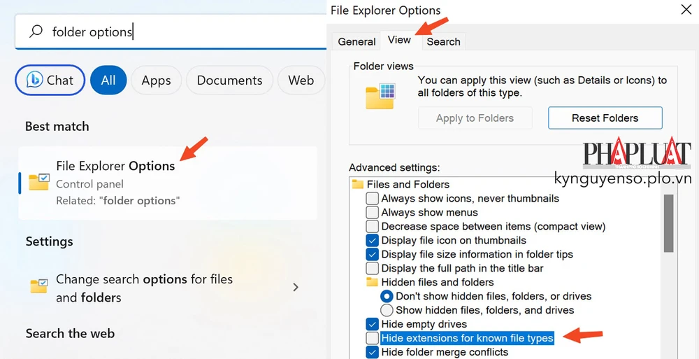 Hiện định dạng tệp tin trên Windows. Ảnh: TIỂU MINH