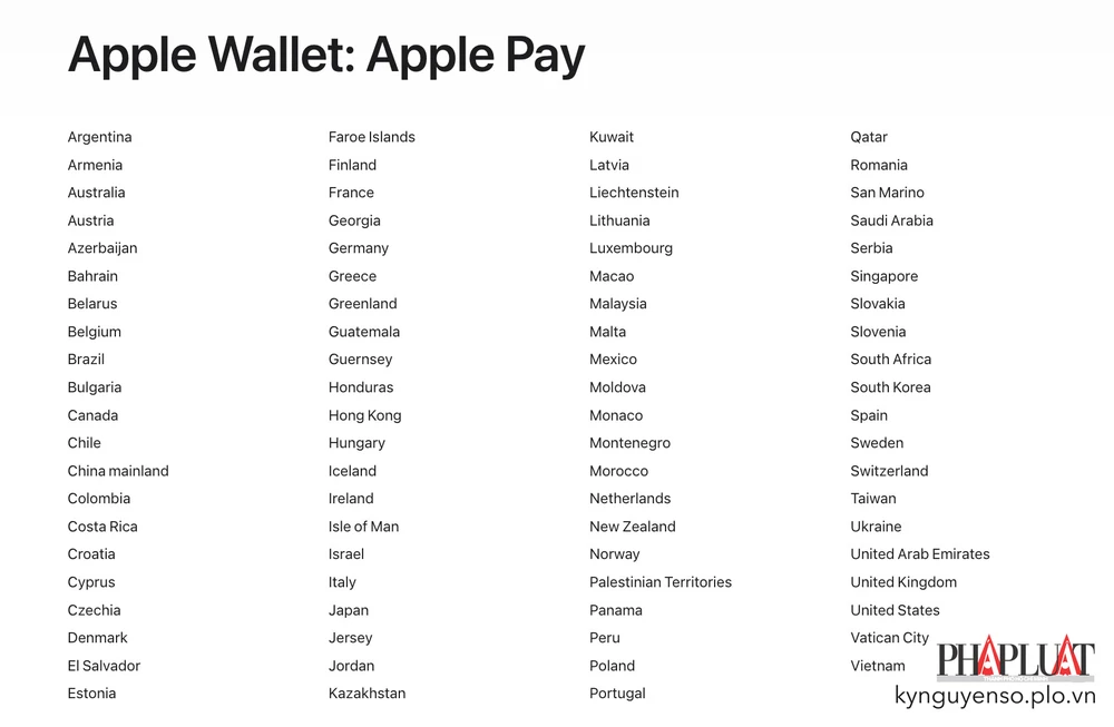 Các quốc gia hỗ trợ Apple Pay. Ảnh chụp màn hình