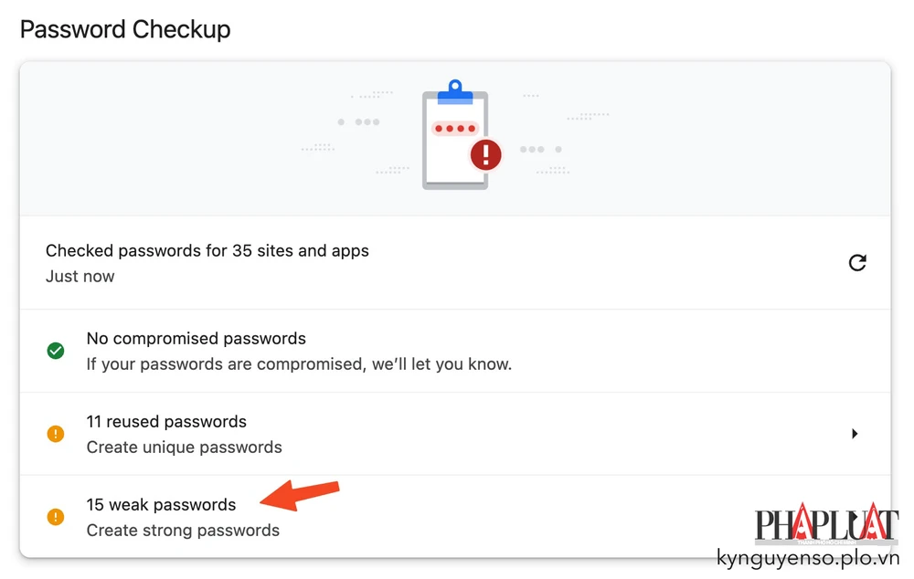 Google Chrome cảnh báo các mật khẩu yếu. Ảnh: MINH HOÀNG