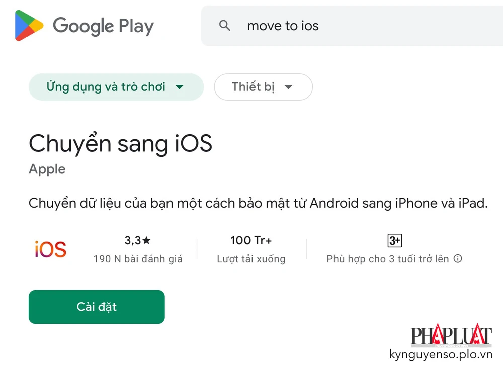 Move to iOS hỗ trợ chuyển dữ liệu từ điện thoại Android sang iPhone. Ảnh: TIỂU MINH