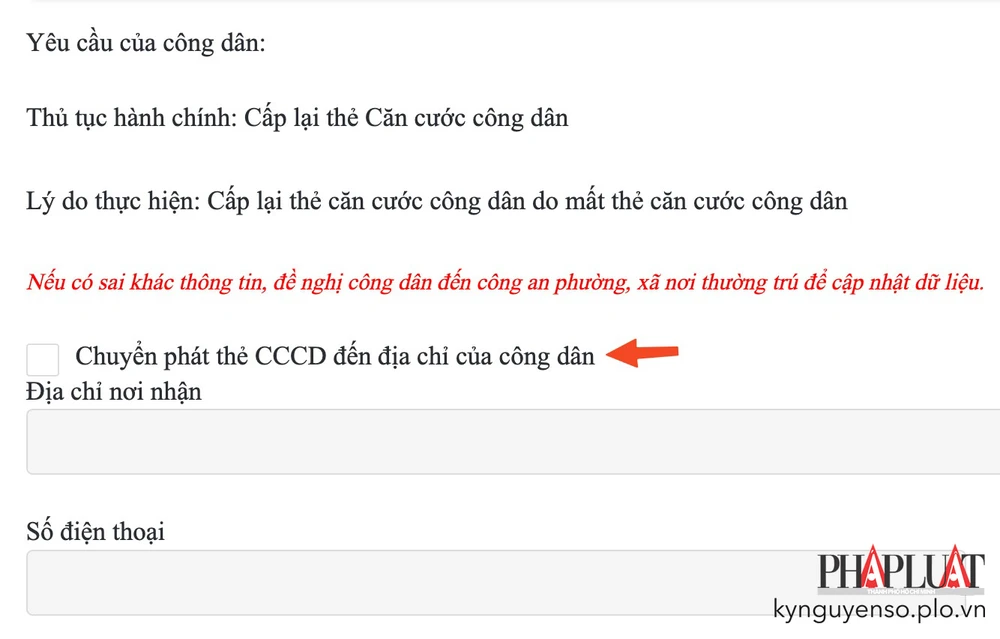 Chọn dịch vụ gửi thẻ căn cước về tận nhà. Ảnh: MINH HOÀNG