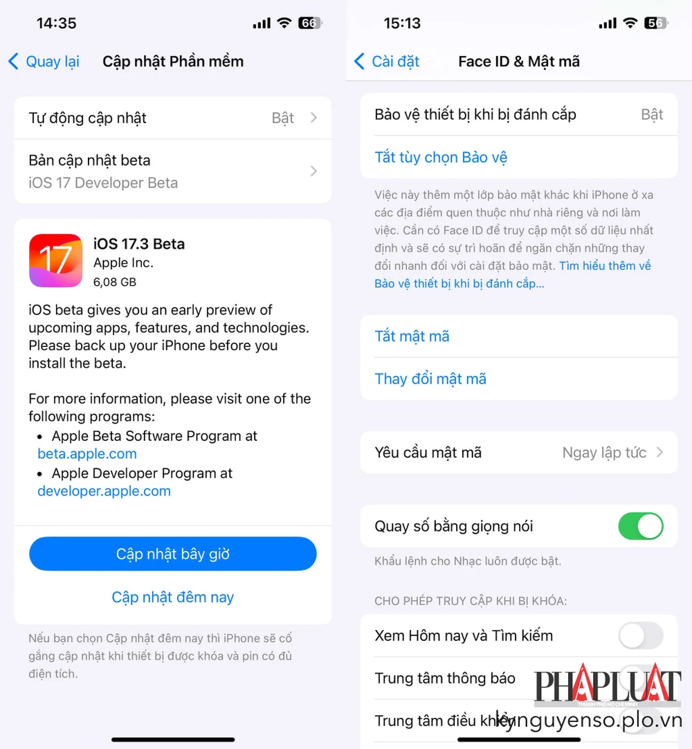 Cập nhật iOS 17.3 beta và kích hoạt tính năng Stolen Device Protection (bảo vệ thiết bị khi bị đánh cắp). Ảnh: MINH HOÀNG