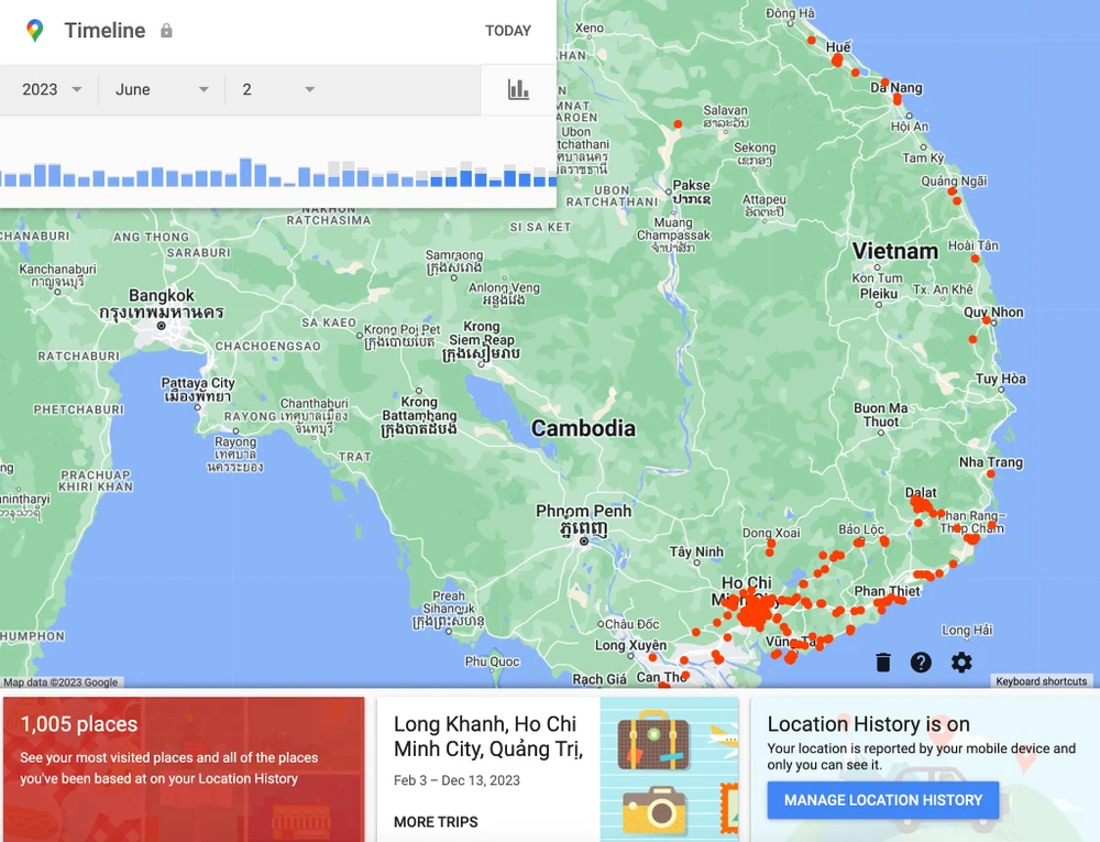 Quản lý hoạt động di chuyển bằng Google Maps Timeline. Ảnh: TIỂU MINH