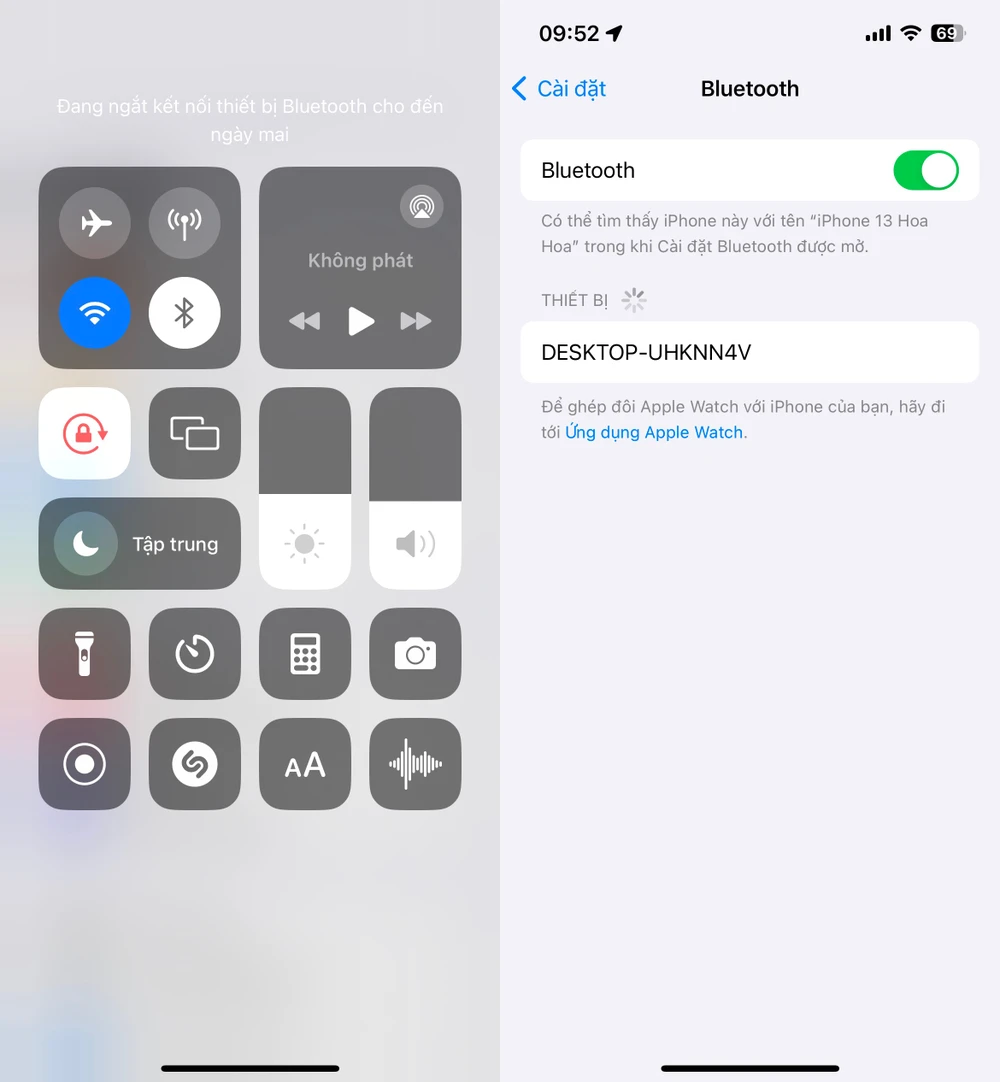Tắt Bluetooth đúng cách trong phần cài đặt (phải), không tắt trong Control Center (trái). Ảnh: TIỂU MINH