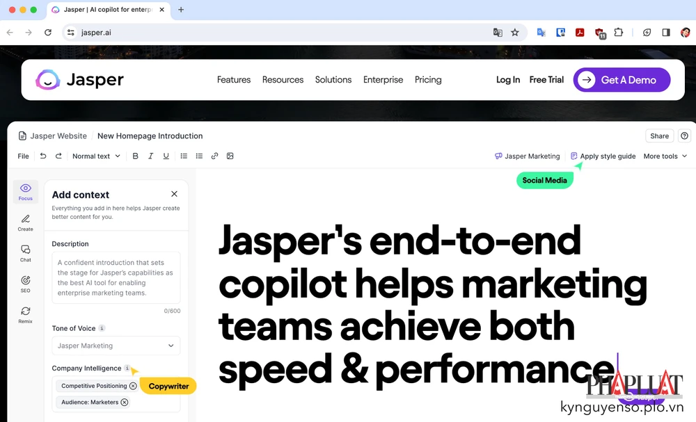 Jasper AI là một trong những công cụ hỗ trợ viết quảng cáo bằng AI đầu tiên. Ảnh: TIỂU MINH