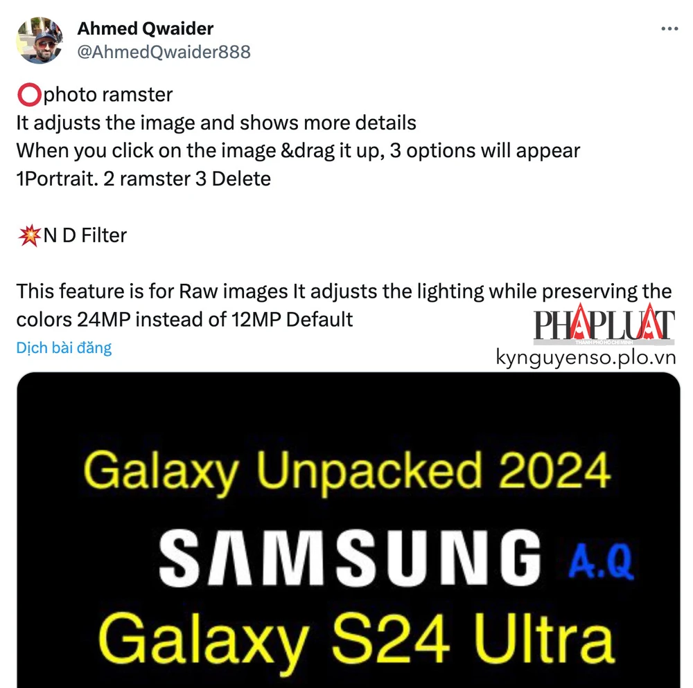 Ahmed Qwaider tiết lộ về camera trên Samsung Galaxy S24 Ultra. Ảnh chụp màn hình