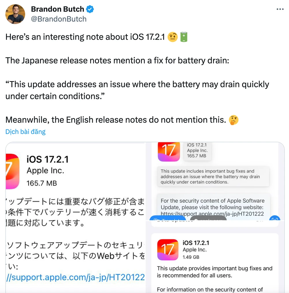 Bản cập nhật iOS 17.2.1 tại một số quốc gia có đề cập đến việc sửa lỗi iPhone bị hao pin. Ảnh chụp màn hình