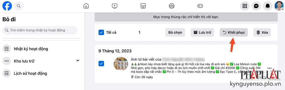 Cách khôi phục bài viết đã xóa trên Facebook bằng máy tính. Ảnh: MINH HOÀNG