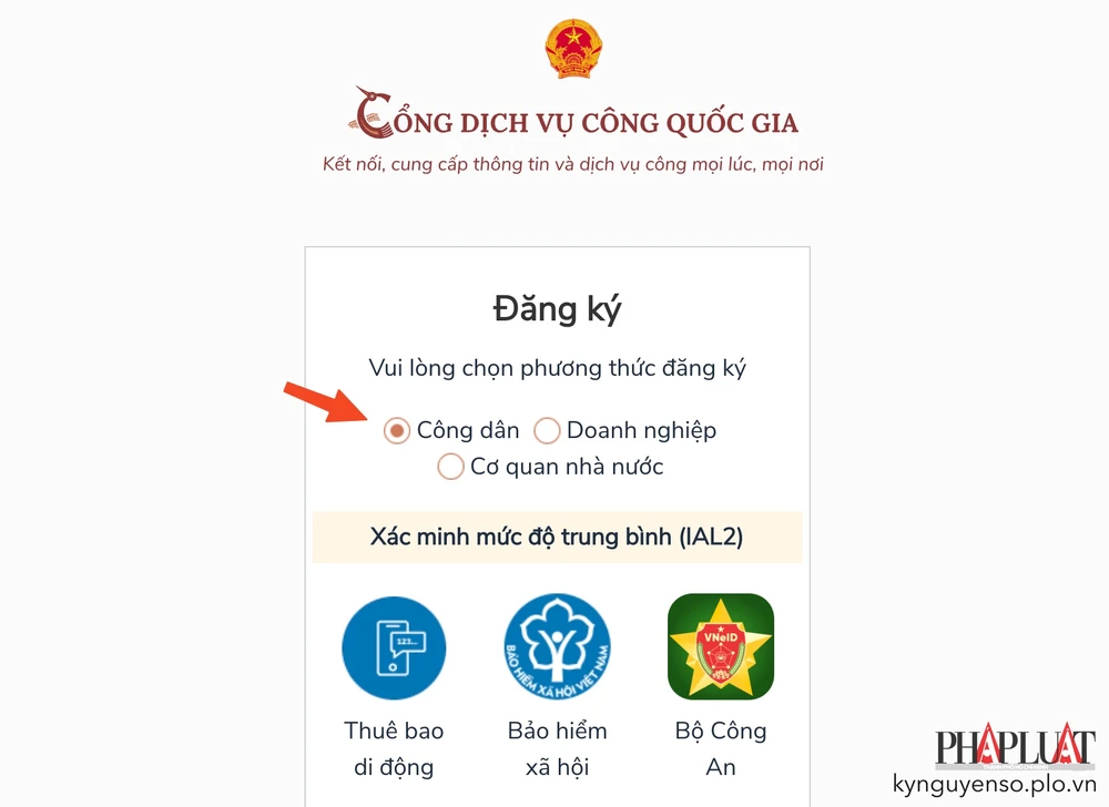 Lựa chọn phương thức đăng ký tài khoản cổng dịch vụ công quốc gia. Ảnh: MINH HOÀNG