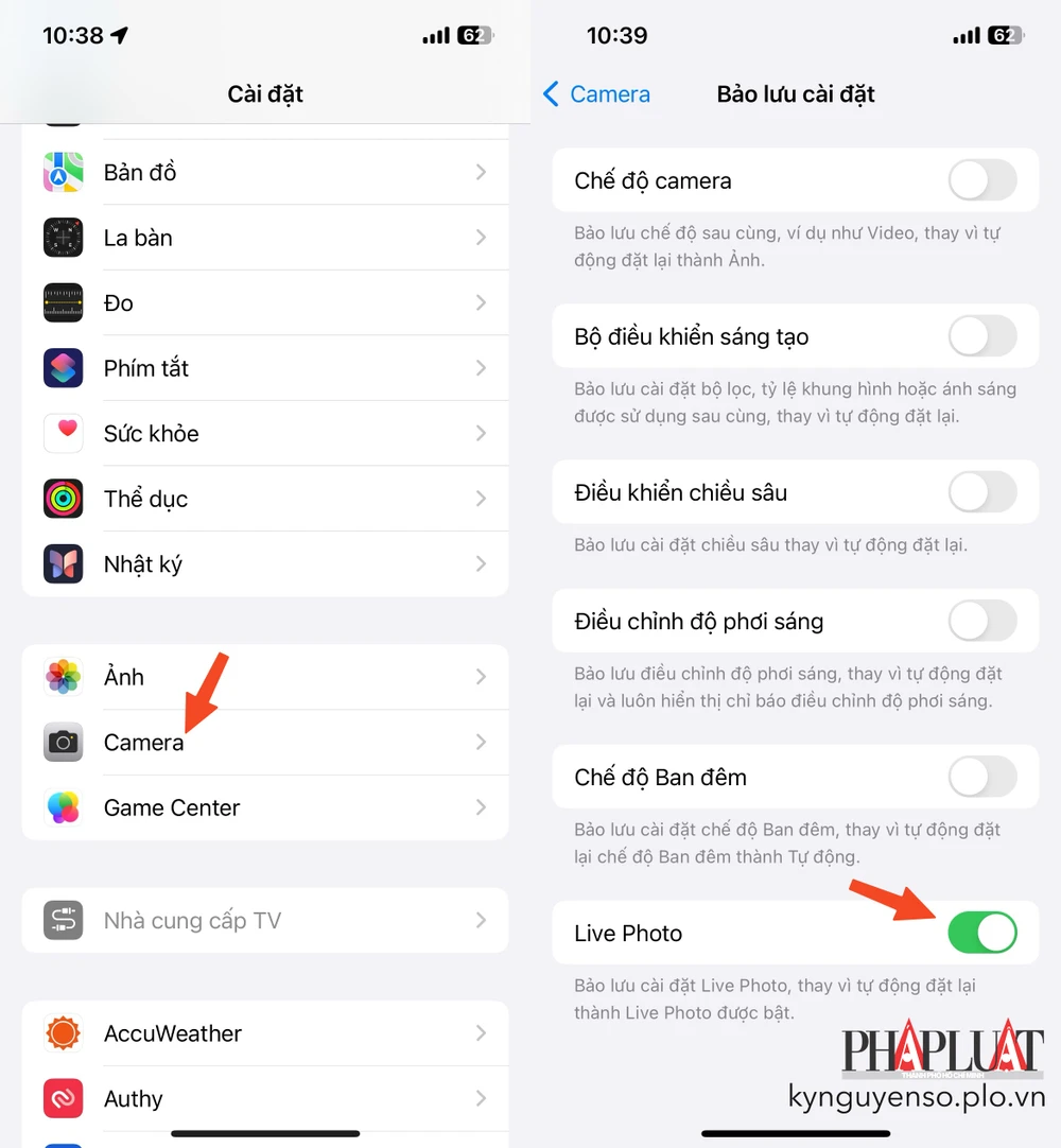 Tắt tính năng Live Photos trên iPhone. Ảnh: MINH HOÀNG