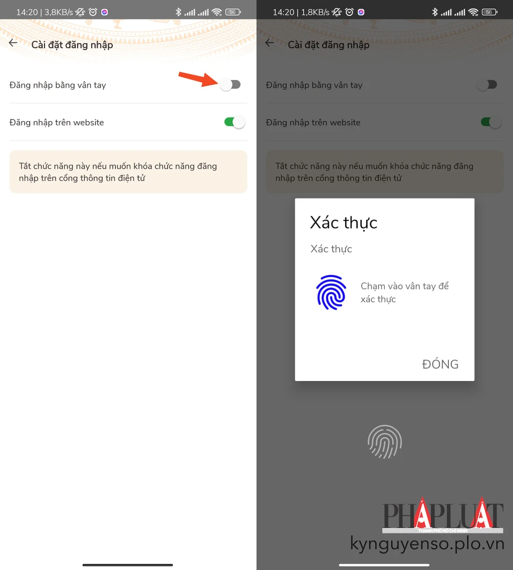 Kích hoạt tùy chọn Đăng nhập bằng vân tay. Ảnh: MINH HOÀNG