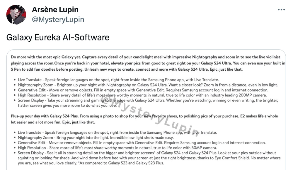 Arsène Lupin tiết lộ các tính năng AI trên Samsung Galaxy S24. Ảnh chụp màn hình