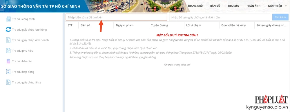 Tra cứu phạt nguội trên website của Sở GTVT TP.HCM. Ảnh: MINH HOÀNG