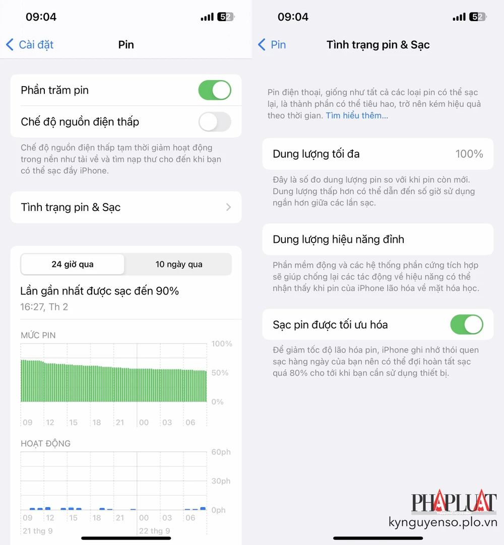Kiểm tra tình trạng pin trên iPhone. Ảnh: TIỂU MINH