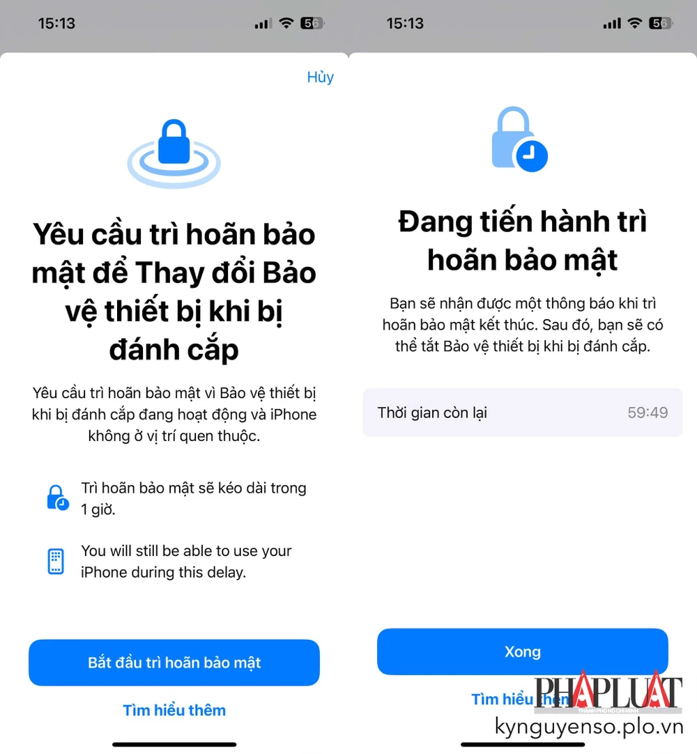 iPhone sẽ trì hoãn 1 tiếng trước khi cho phép đổi mật khẩu Apple ID hoặc tắt/mở các tính năng có liên quan đến bảo mật. Ảnh: MINH HOÀNG