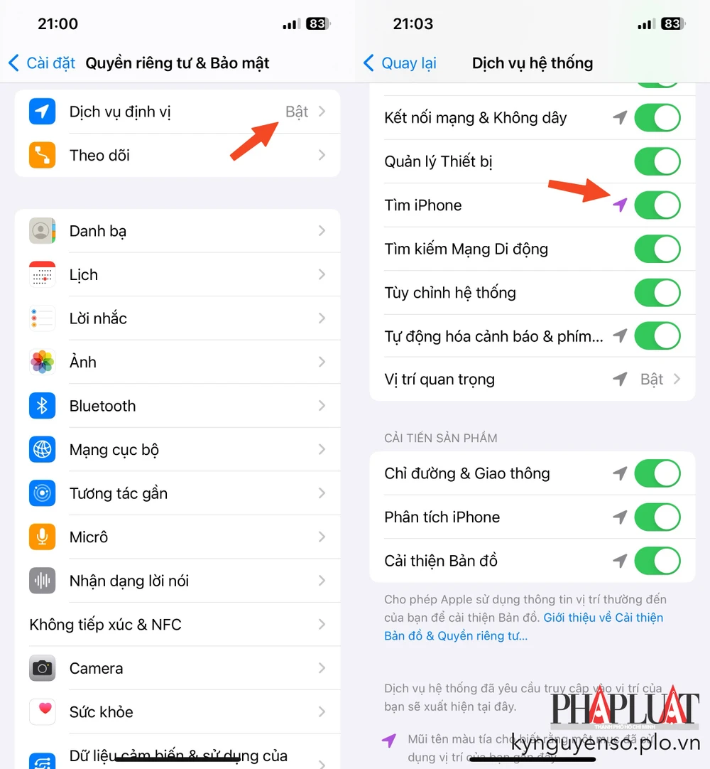 Bật dịch vụ định vị và dịch vụ hệ thống trên iPhone. Ảnh: MINH HOÀNG