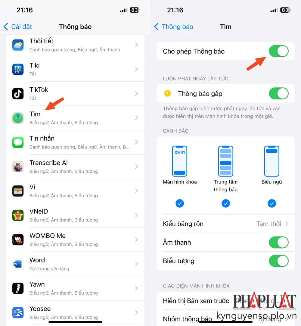 Cho phép ứng dụng Find my (tìm) hiển thị thông báo. Ảnh: MINH HOÀNG
