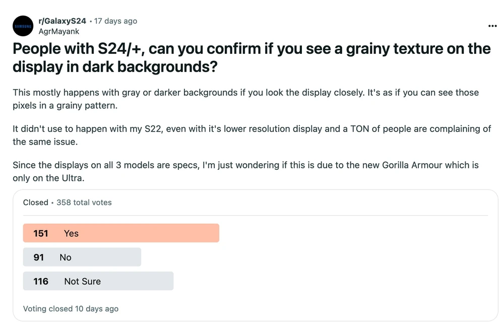 Đa số người dùng Samsung Galaxy S24 tham gia khảo sát đều gặp lỗi màn hình nổi hạt. Ảnh chụp màn hình