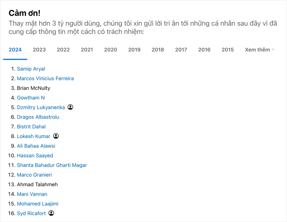 Danh sách White Hat Hall of Fame của Facebook năm 2024. Ảnh: TIỂU MINH