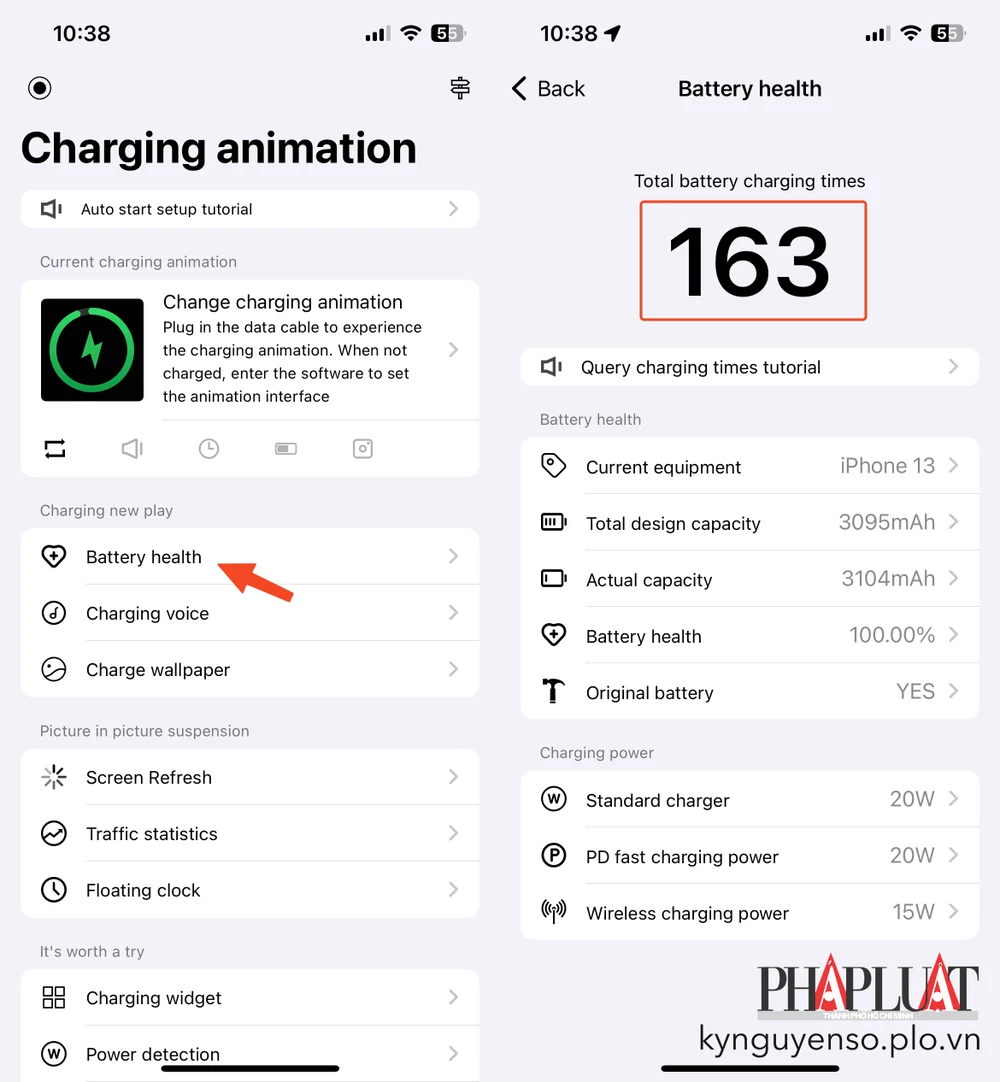 Kiểm tra chu kỳ sạc của iPhone bằng ứng dụng charging play. Ảnh: MINH HOÀNG