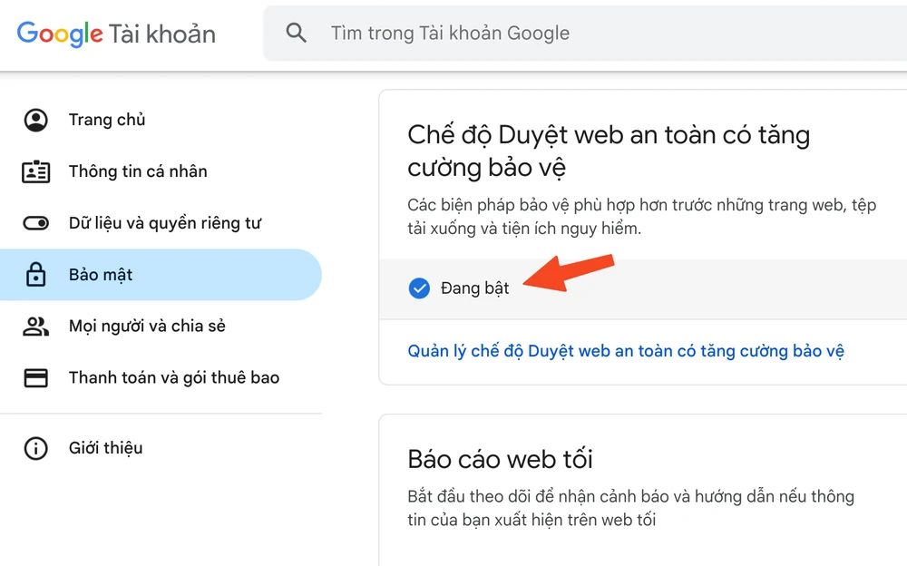 Bật tính năng Safe Browsing (duyệt web an toàn) trên trình duyệt Google Chrome. Ảnh: MINH HOÀNG