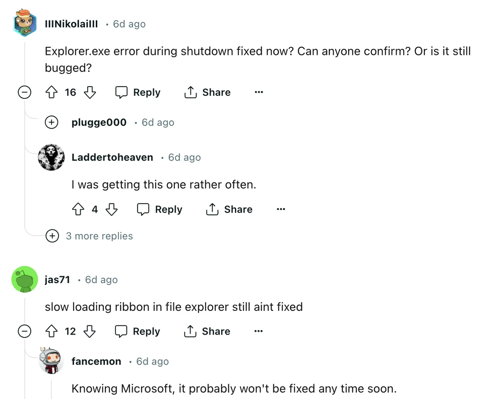 Các thành viên trên Reddit phàn nàn về các lỗi phát sinh sau khi cài đặt bản cập nhật Windows 11. Ảnh chụp màn hình