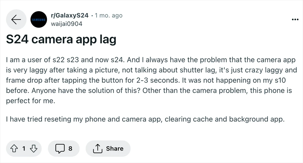 Nhiều thành viên trên Reddit phàn nàn về các lỗi trên Samsung Galaxy S24 Ultra. Ảnh chụp màn hình