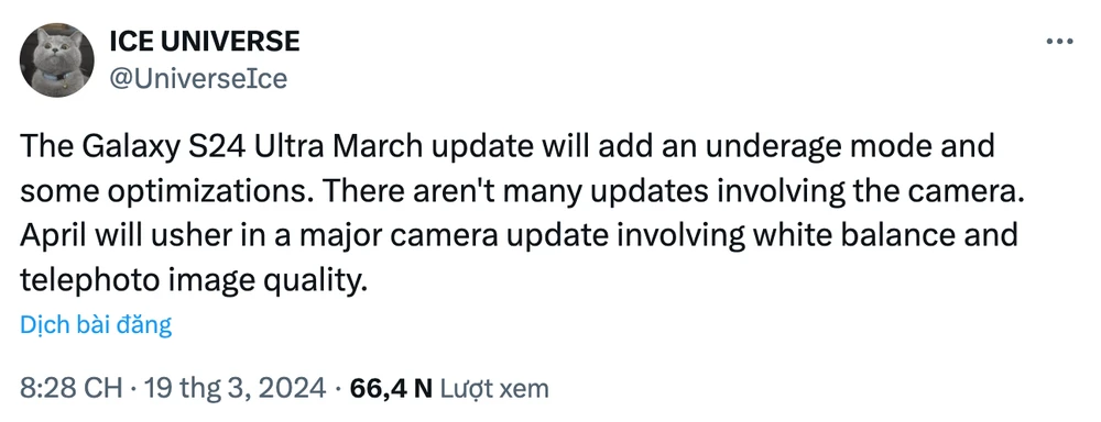 Bản cập nhật tháng 4 cho Samsung Galaxy S24 Ultra sẽ giúp cải thiện camera. Ảnh chụp màn hình