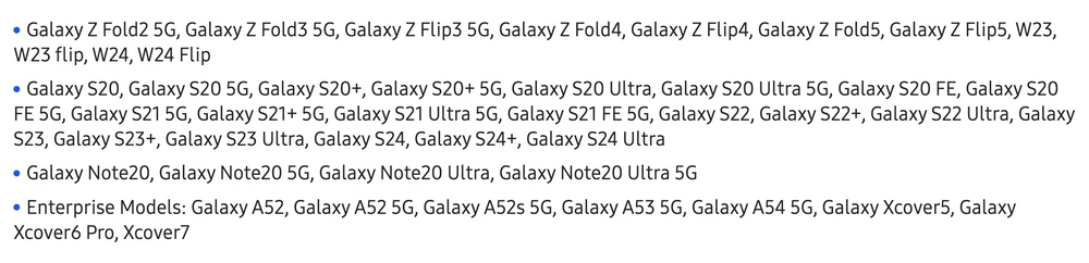 Danh sách các mẫu điện thoại Samsung được cập nhật hàng tháng. Ảnh chụp màn hình