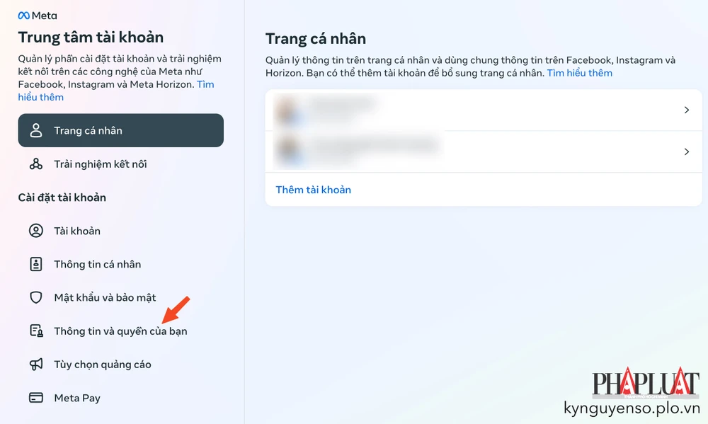 Trung tâm quản lý tài khoản Facebook. Ảnh: TIỂU MINH