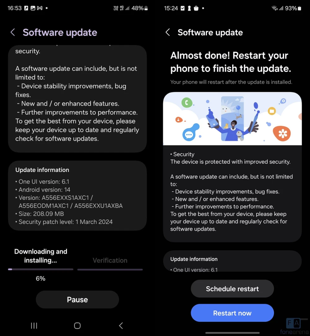 Hình ảnh cho thấy thanh tiến trình hiển thị quá trình tải xuống và cài đặt bản cập nhật được thực hiện trong nền trên model Galaxy A55, không ảnh hưởng đến trải nghiệm sử dụng của người dùng. Ảnh: FoneArena