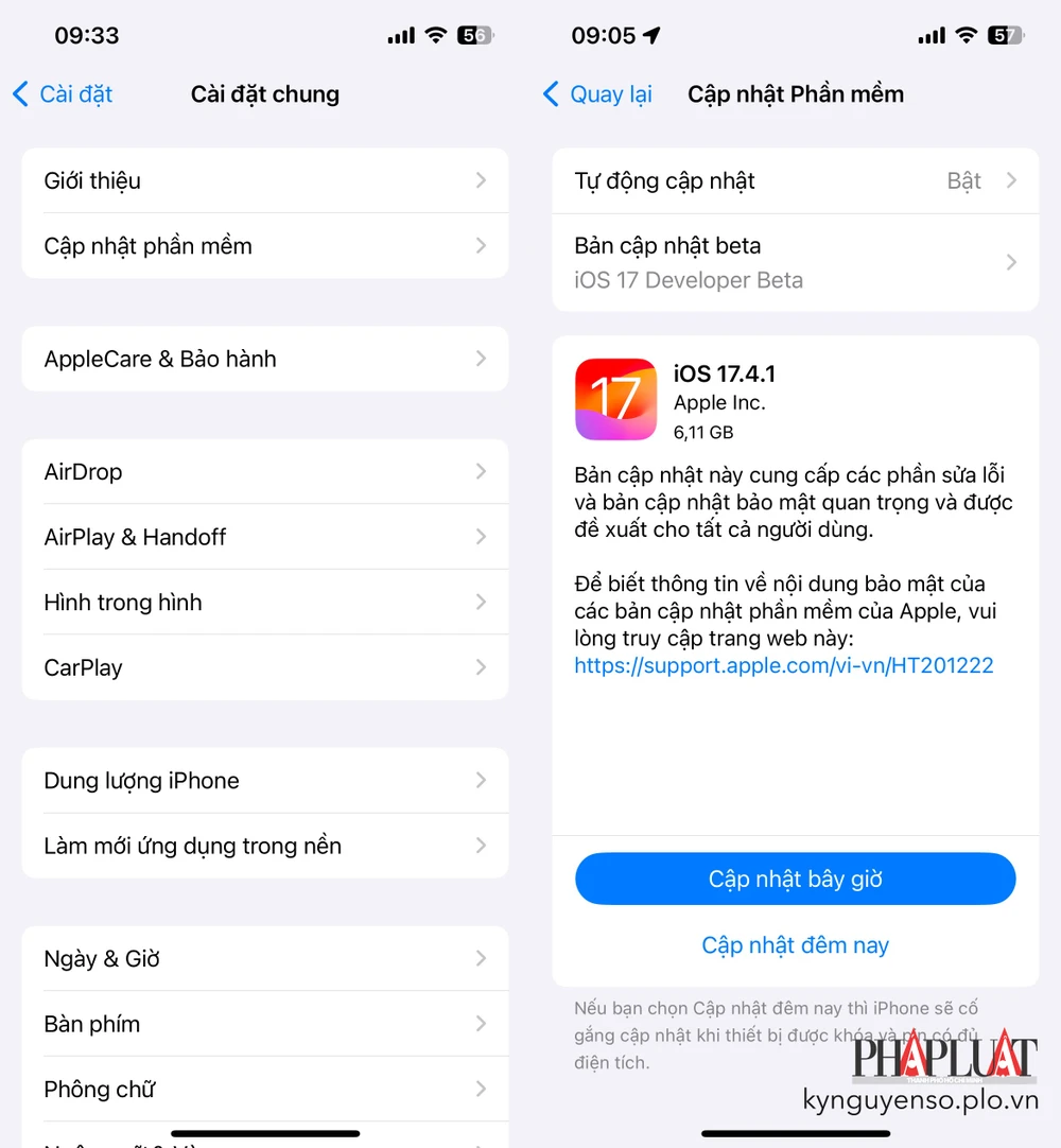 Bản cập nhật iOS 17.4.1 có dung lượng hơn 6 GB. Ảnh: TIỂU MINH