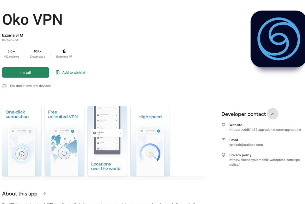Ứng dụng Oko VPN độc hại trên Google Play.