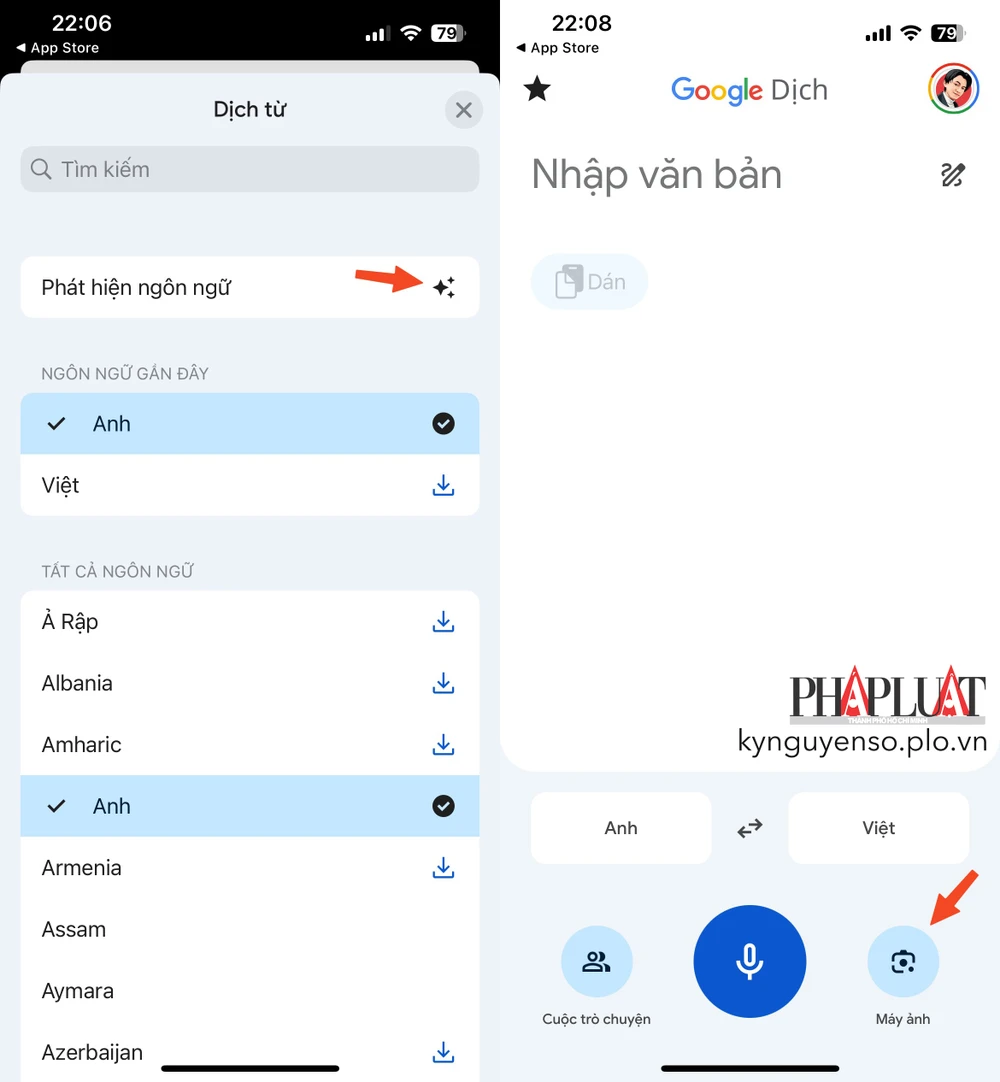 Chọn ngôn ngữ đầu vào và đầu ra trước khi sử dụng tính năng dịch văn bản theo thời gian thực bằng camera iPhone. Ảnh: TIỂU MINH