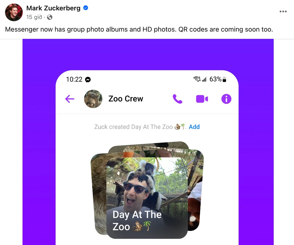 Mark Zuckerberg chia sẻ về tính năng mới cho phép người dùng gửi ảnh chất lượng cao bằng Messenger. Ảnh: MINH HOÀNG