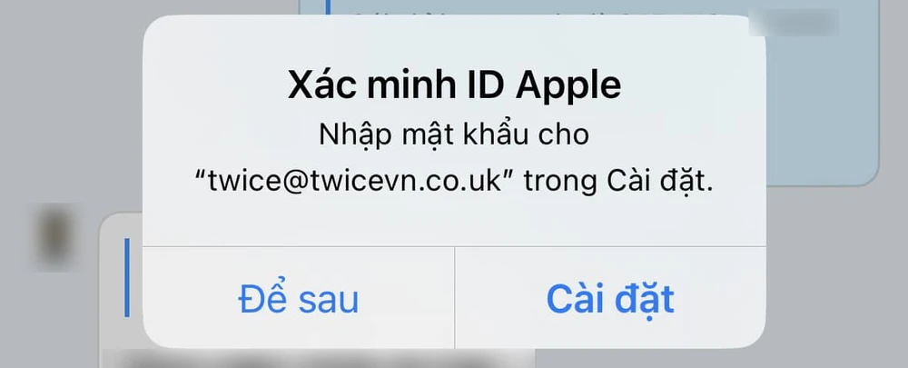 Thông báo yêu cầu nhập mật khẩu để xác minh ID Apple. Ảnh chụp màn hình