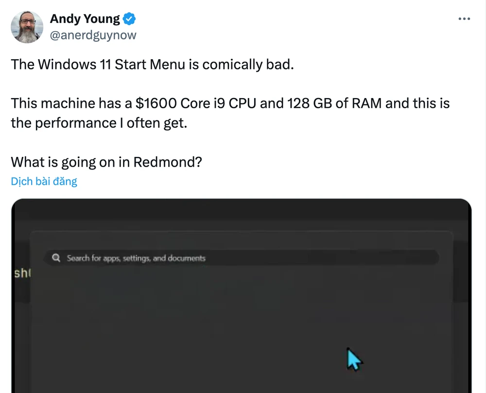 Cựu kỹ sư của Microsoft - Andy Young chê hiệu năng trên Windows 11. Ảnh chụp màn hình