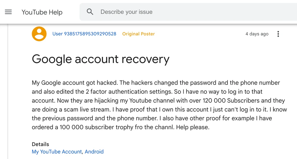 Người dùng bị hack Gmail dù đã bật tính năng xác thực hai yếu tố. Ảnh chụp mành hình