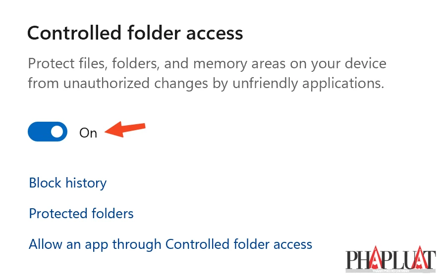 Bật tính năng hạn chế mã độc tống tiền trên Windows. Ảnh: TIỂU MINH